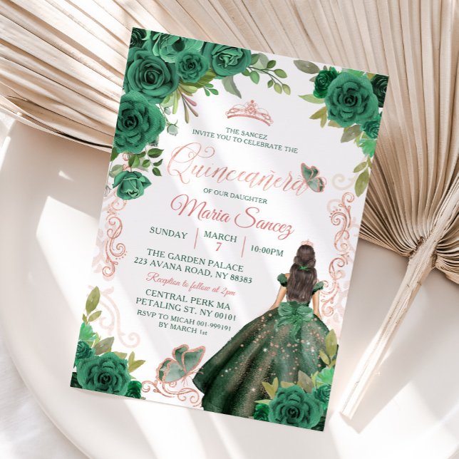 Quinceañera Rose Gold Hunter Green Floral  Invitation (Creator Uploaded)