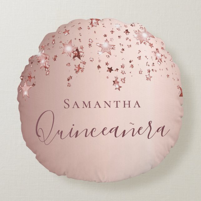 Quinceanera rose gold monogram name sparkle round cushion (Front)