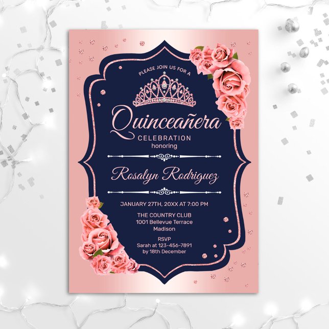 Quinceanera - Rose Gold Navy Invitation (Creator Uploaded)