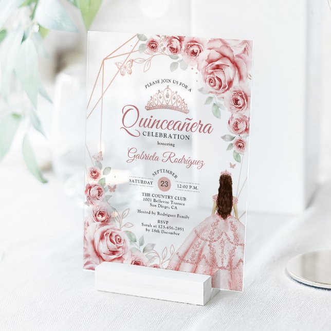 Quinceanera Rose Gold Pink Dress Floral Acrylic Invitations (Creator Uploaded)