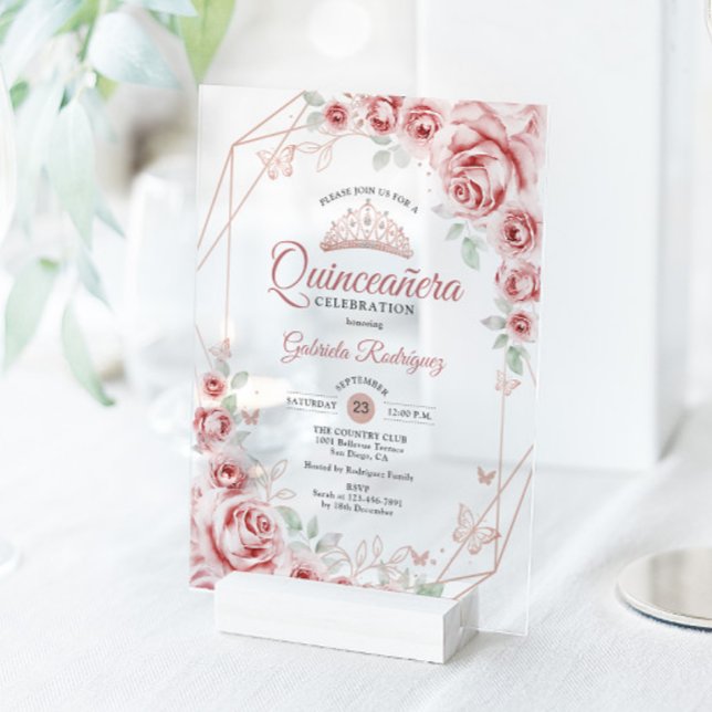 Quinceanera Rose Gold Pink Floral Acrylic Invitations (Creator Uploaded)