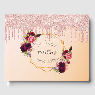 Quinceanera rose gold pink floral glitter drips guest book
