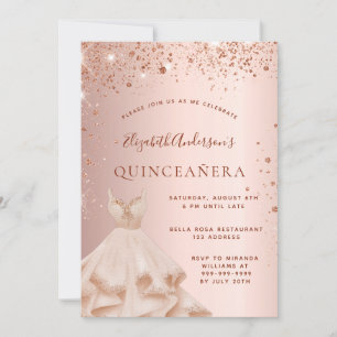 Quinceanera rose gold pink sparkles dress invitation