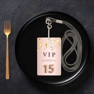 Quinceanera rose gold pink sparkling stars golden ID badge