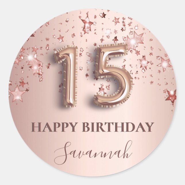 Quinceanera rose gold pink stars balloon font classic round sticker (Front)