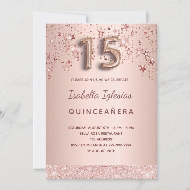 Quinceanera rose gold pink stars invitation (Front)