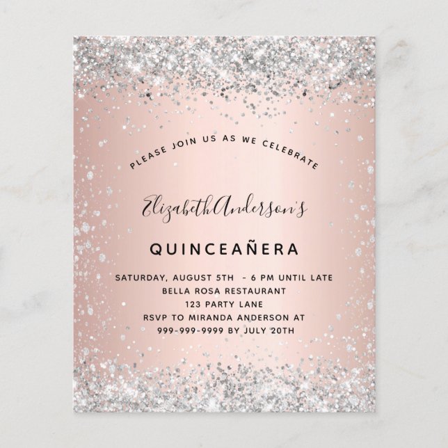 Quinceanera rose gold silver budget invitation flyer (Front)