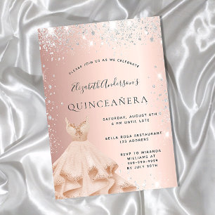 Quinceanera rose gold silver glitter dust dress invitation postcard