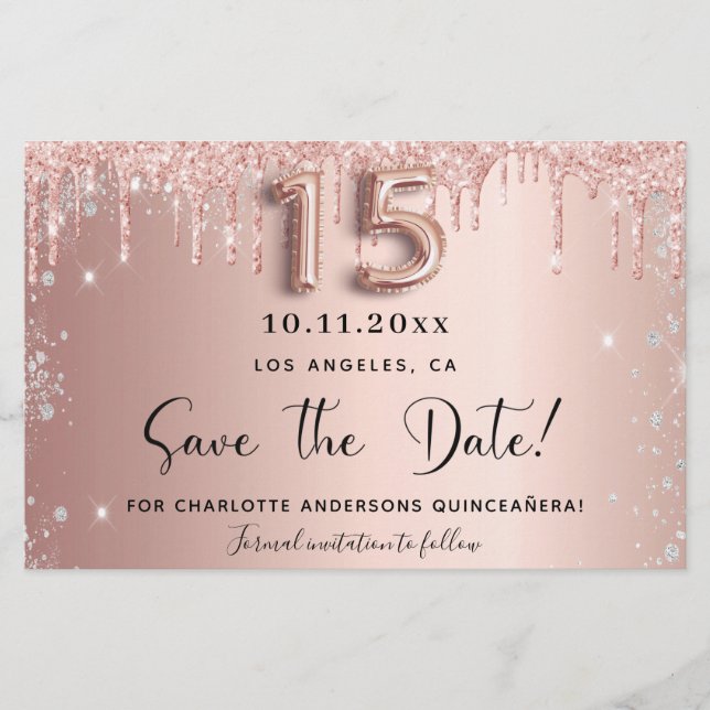 Quinceanera rose gold silver save the date Card (Front)
