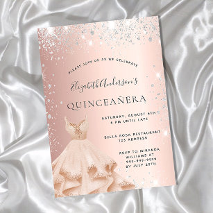 Quinceanera rose gold silver sparkles dress invitation