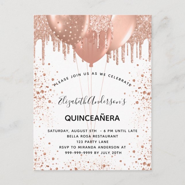Quinceanera rose gold white balloons  invitation postcard (Front)