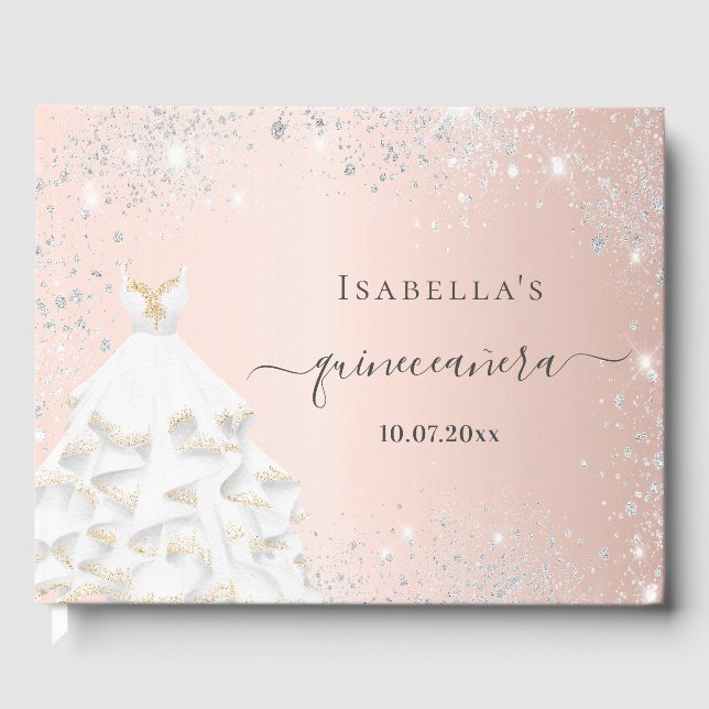 Quinceanera rose gold white dress glitter guest book (Front)