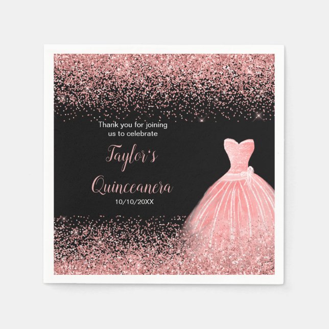 Quinceanera Rose Pink Faux Glitter Birthday Party Napkin (Front)