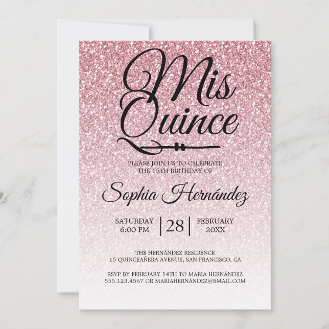 Quinceañera Rose Pink Glitter 15th Birthday  Invitation (Front)