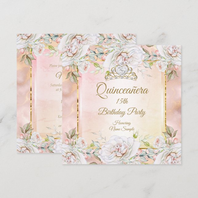 Quinceanera Rose Pink Gold Birthday Party Invite 3 (Front/Back)