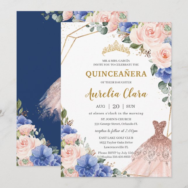 Quinceañera Royal Blue Blush Floral Ball Gown  Invitation (Front/Back)