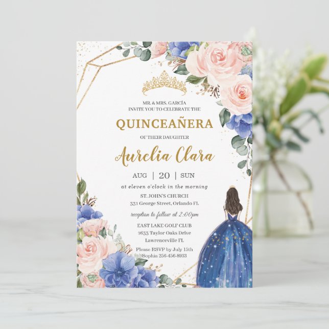 Quinceañera Royal Blue Blush Floral Gold Princess  Invitation (Standing Front)