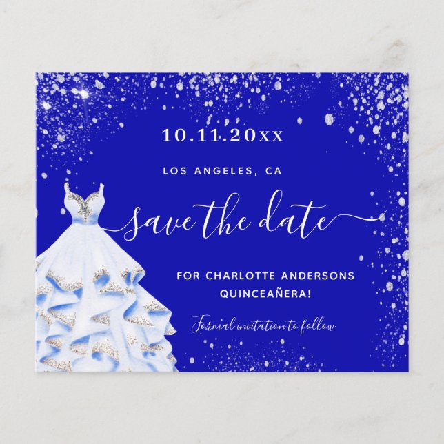 Quinceanera royal blue dress budget save the date flyer (Front)