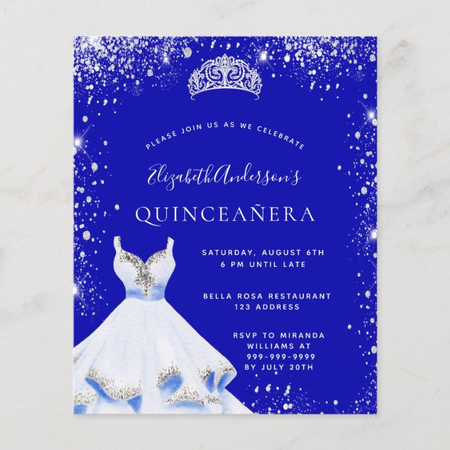 Quinceanera royal blue dress invitation (Front)