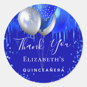 Quinceanera royal blue drips name thank you classic round sticker