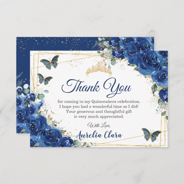 Quinceañera Royal Blue Floral Butterflies Birthday Thank You Card (Front/Back)