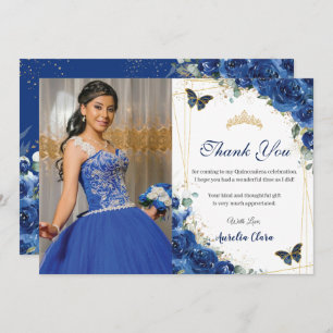 Quinceañera Royal Blue Floral Butterflies Birthday Thank You Card