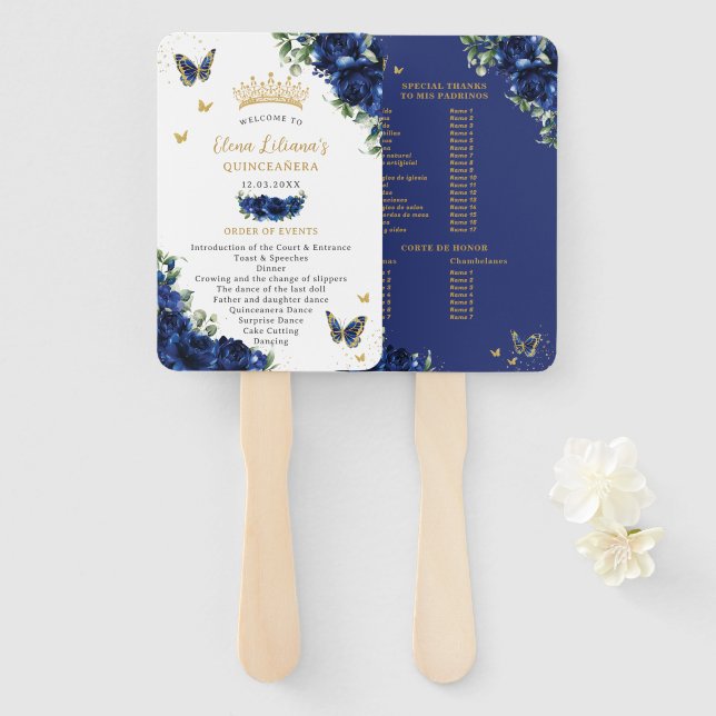 Quinceañera Royal Blue Floral Events Program Hand Fan (Front and Back)