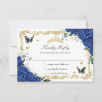 Quinceañera Royal Blue Floral Gold Butterflies
