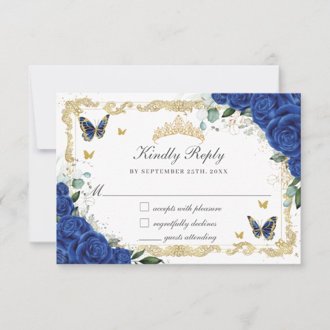 Quinceañera Royal Blue Floral Gold Butterflies RSVP Card (Front)