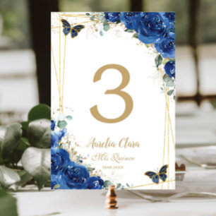 Quinceañera Royal Blue Floral Gold Butterflies Table Number