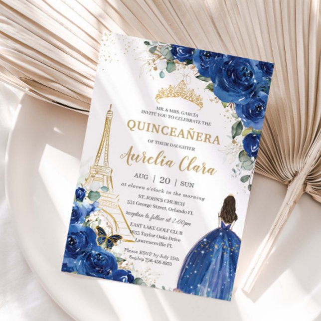 Quinceañera Royal Blue Floral Paris Eiffel Gold Invitation (Creator Uploaded)