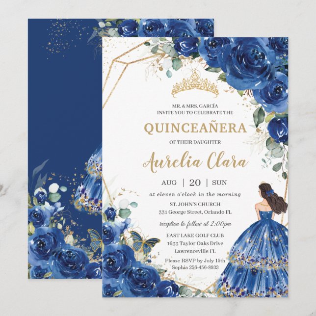 Quinceañera Royal Blue Floral Princess 15 Años  Invitation (Front/Back)