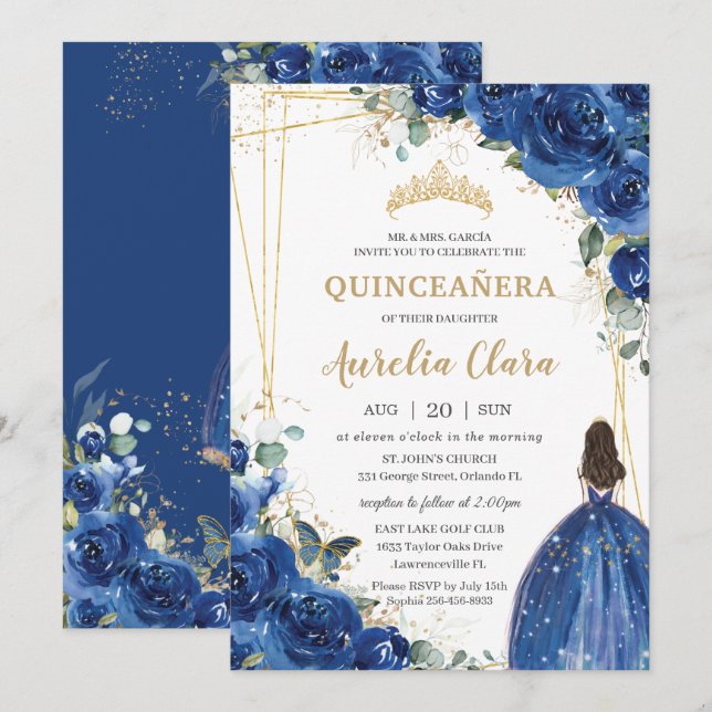 Quinceañera Royal Blue Floral Princess 15 Birthday Invitation (Front/Back)