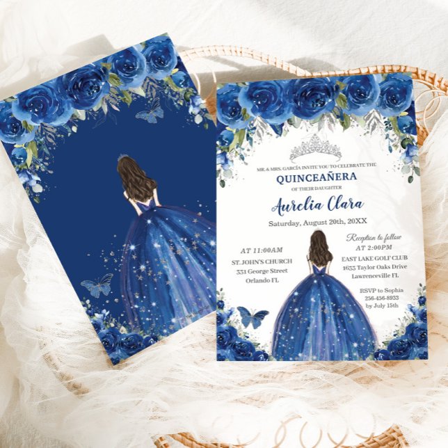Quinceañera Royal Blue Floral Princess Birthday Invitation (Creator Uploaded)