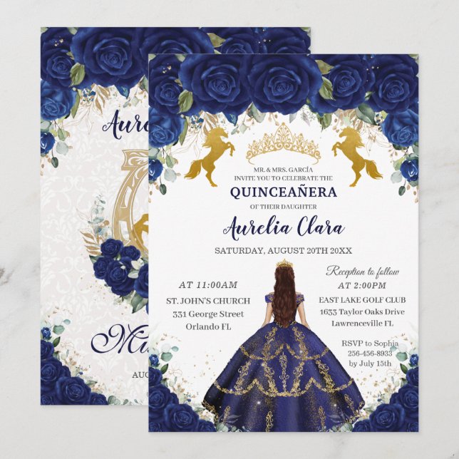 Quinceañera Royal Blue Floral Princess Gold Horses Invitation (Front/Back)