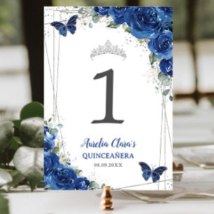 Quinceañera Royal Blue Floral Silver Butterflies Table Number