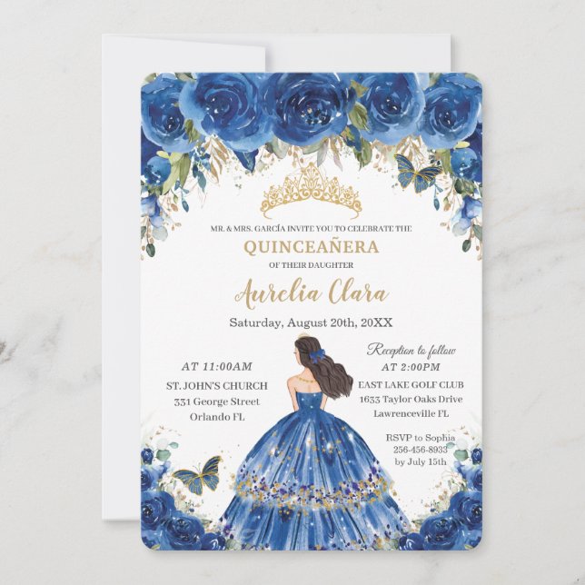 Quinceañera Royal Blue Flowers Butterflies Tiara Invitation (Front)
