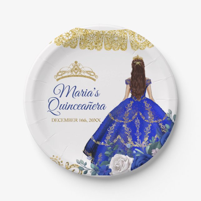 Quinceañera Royal Blue Flowers watercolor Paper Plate (Front)