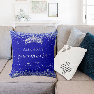 Quinceanera royal blue glitter dust tiara name cushion