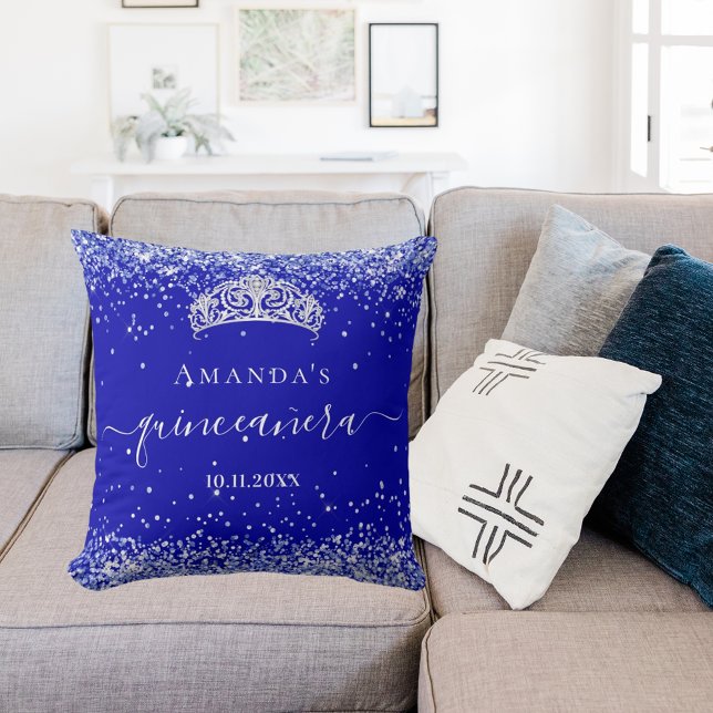 Quinceanera royal blue glitter dust tiara name cushion (Creator Uploaded)