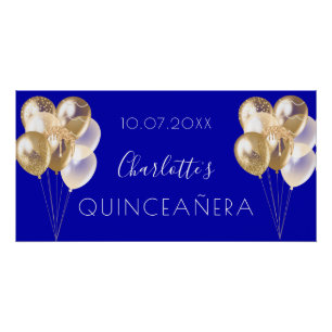 Quinceanera royal blue gold balloons party poster