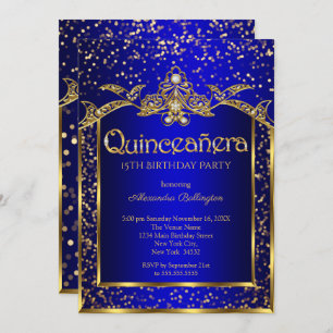 Quinceanera Royal Blue Gold Birthday Party Invitation