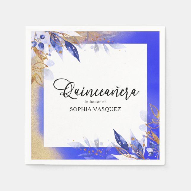 Quinceanera Royal Blue Gold Botanica Personalised Napkin (Front)