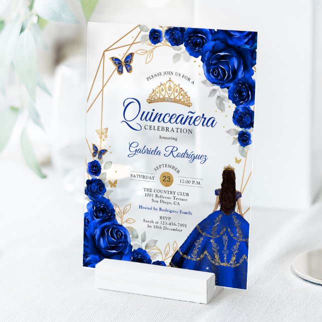 Quinceanera Royal Blue Gold Dress Acrylic Invitations (Creator Uploaded)
