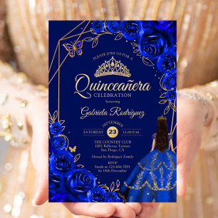 Quinceanera Royal Blue Gold Dress Floral Invitation