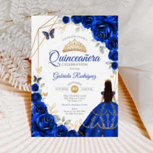 Quinceanera Royal Blue Gold Dress Invitation