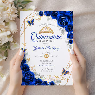 Quinceanera Royal Blue Gold Floral Invitation