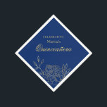 Quinceanera Royal Blue Gold Flowers 15th Birthday Napkin<br><div class="desc">Elegant napkins for your Royal Blue Quinceanera Celebration. The template is set up ready for you to personalise the design with the Birthday girl's name. The wording reads "celebrating [name's] Quinceanera" in a refined pairing of stately Flemish Script and classic typography. The dark royal blue provides a trendy background for...</div>