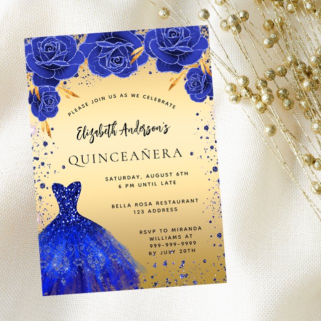 Quinceanera royal blue gold glitter dress florals invitation postcard (Creator Uploaded)