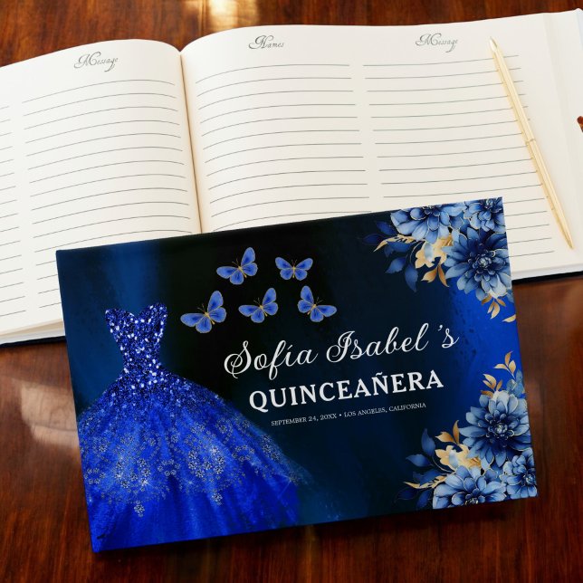 Quinceañera Royal Blue Gold Princess Butterflies Guest Book (Creator Uploaded)
